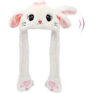 Kids Cat_White Animal Hat with Ears Moving Jumping Pop Up Beating Plush Holiday